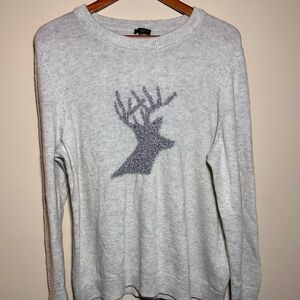Talbots Cream Crewneck Sweater with Silver Glitter Deer Motif